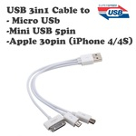 Apple iPhone 3/3GS/4/4S 3in1 Cable Adapter from USB to 30pin/Mini USB 5pin/Micro USB in one Cable Micro USB/Mini USB kabelis pārēja 