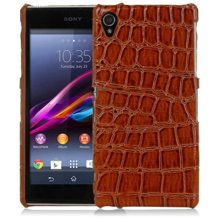 Sony Xperia Z1 Crocodile Skin Design Leather Back Case Cover Brown maks