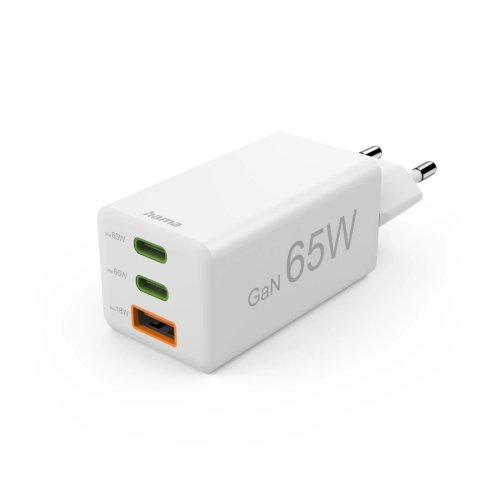 Hama 00201996 Fast Charger GaN, 2x USB-C, 1x USB-A, Mini Charger, PD, 65W, White