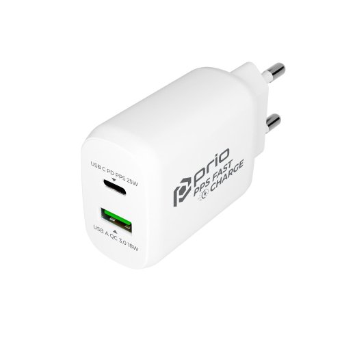 Prio Fast Charge Wall Charger 25W PD PPS (USB C)+QC 3.0 (USB A) white