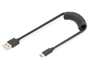 Kabelis Digitus USB 2.0 Type A to USB C Spiral Cable AK-300430-006-S Black, 1 m